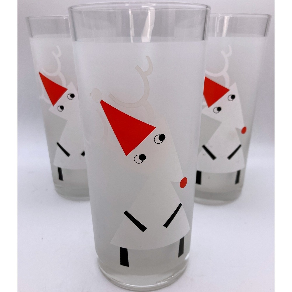 3 Christmas Reindeer Italian Tumbler Drinking Glasses Santa Hat Frosted